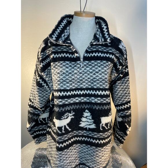 90s essentials style fleece Black and White deer tree Medium - Picture 6 of 14